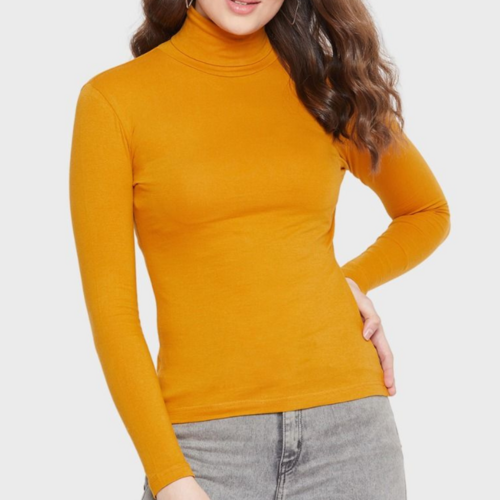 Women's Mustard Cotton Lycra High Neck T-Shirt