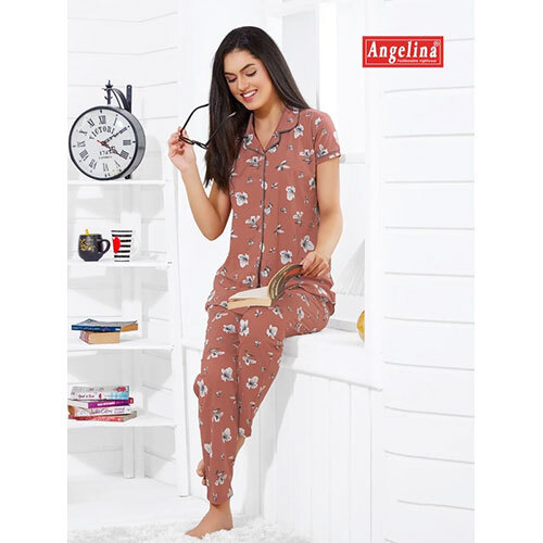 Collar Neck Front Open Nighty Suit