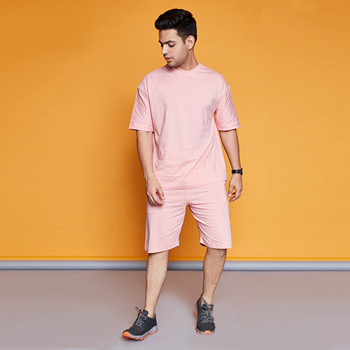 Mens Co-ord Set - Spandex, Customized Sizes, Pink Color | Breathable, Washable, No Fade, Half Sleeves