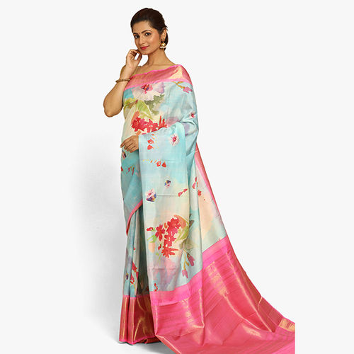 Ladies Leaf Print Silk Saree - Color: Multicolor