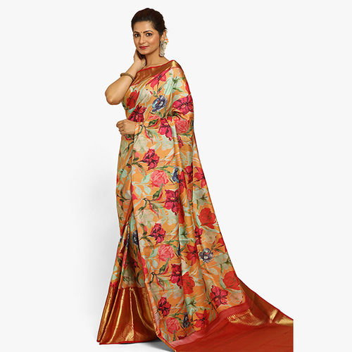 Rose Flower Printed Silk Saree - Color: Multicolor