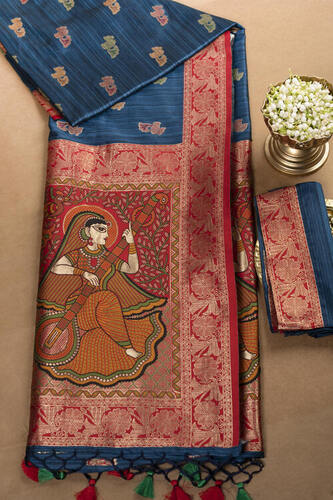 Blue Raw Silk Girl With A Sitar Paithani Saree