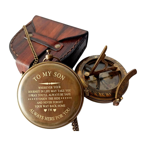 To My Son Compass Personalized Sundial Compass With Leather Case