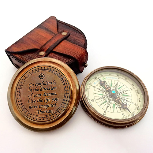 Go Confidently Compass Thoreau's Quote Engraved Poem Compass With Leather Case