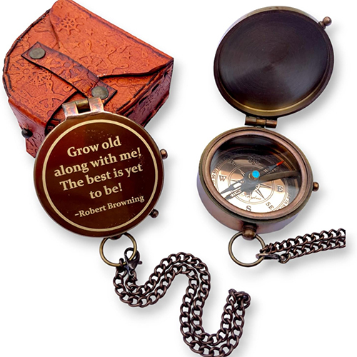 Grow Old Along With Me Vintage Brass Compass With Stamped Leather Case