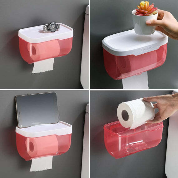 MULTIFUNCTION 2-IN-1 BATHROOM TISSUE BOX PAPER PHONE TABLET HOLDER WITH HOOK SELF ADHESIVE PUNCH-FREE (4154)X