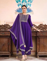 Heavy Rayon Kurti - 14kg Fabric, Full Length 48, 3/4 Sleeve, Universal Fit, Purple Color, Embroidered & Foil Work, Elegant Ethnic Wear For All Seasons