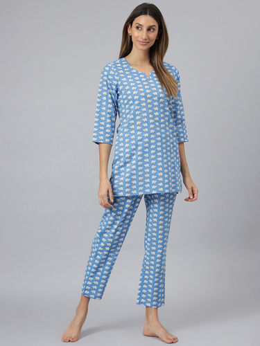 Women Printed Night Suit - Cotton Fabric, Size XS to XL, Sky Blue | Full Sleeves, Trendy Design, All Season, Water Proof, Quick Dry