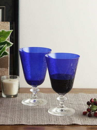 bohemia crystal Bella Engraved Red Wine Glass Set  350ml   Set of 6 Dark Blue