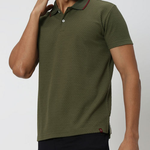 Buy Olive Textured Plain Polo T-shirt Online