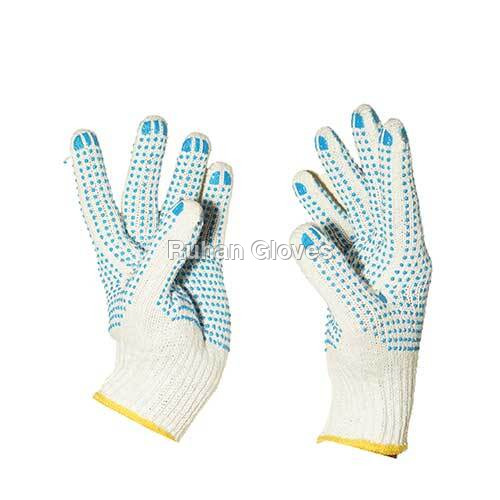 7 Gauge Cotton Knitted Pvc Double Dotted Gloves ( Bleach White On Blue)