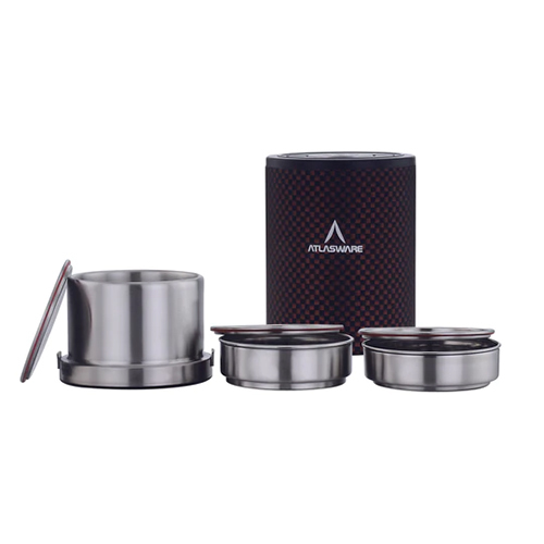 Atlasware Stainless Steel Brown Chequered Lunch box 1000ml (3 Container)
