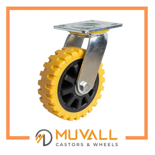 Anti Skid PU Caster Wheels - 150x50mm Yellow Powder Coated Finish | Heavy Duty Industrial Use