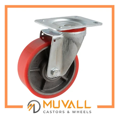 Cast Iron PU Caster Wheel - 150x50mm, 185mm Height | Red Powder Coated Finish, Industrial Usage, Supports 250-380Kgs