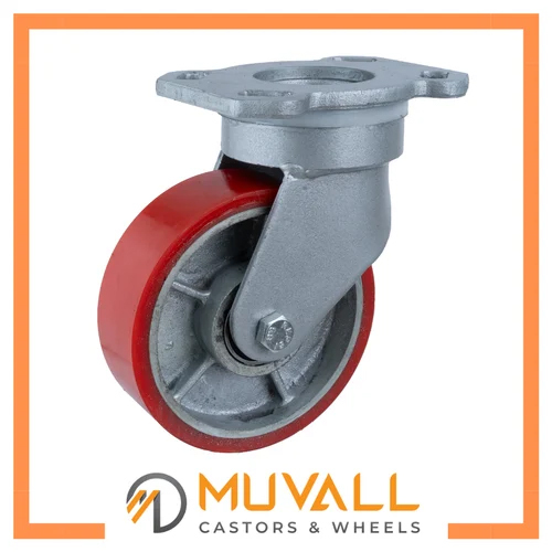 Cast Iron PU Caster Wheel 250-450Kgs - PU & Cast Iron, 150x50mm Wheel Size, Red Color, 205mm Height, Powder Coated Finish | Industrial Usage
