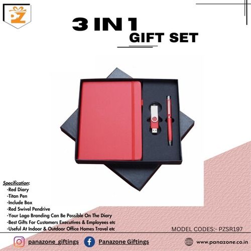 Red Diary Pen Pendrive 3 In 1 Gift Set PZSR197 For Gifting