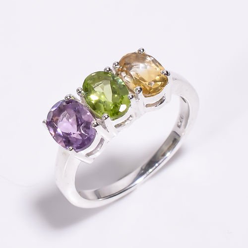 Faceted Oval Shape Three Multi Gemstone Solid Silver Ring