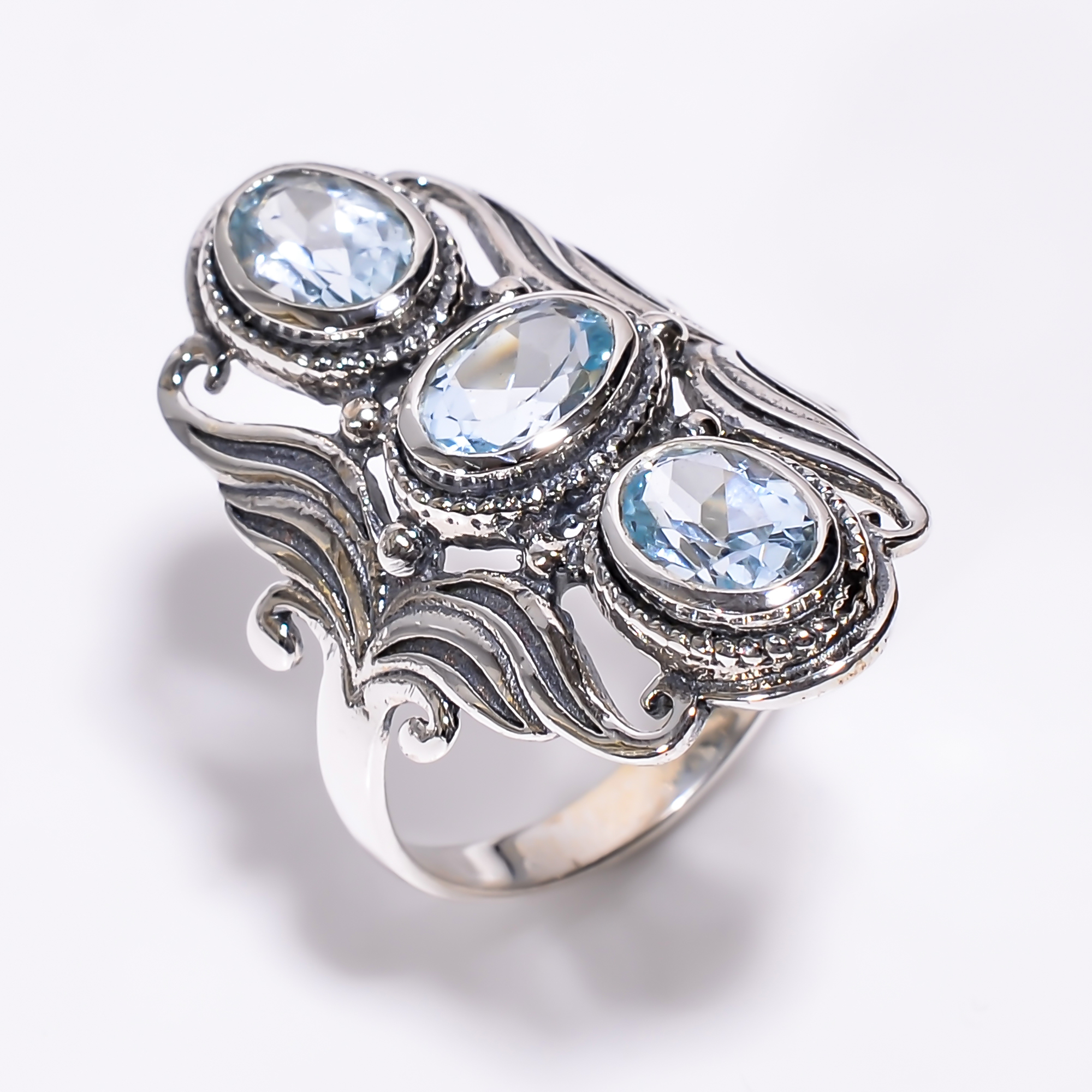 925 Sterling Silver Three Cut Stone Statement Ring