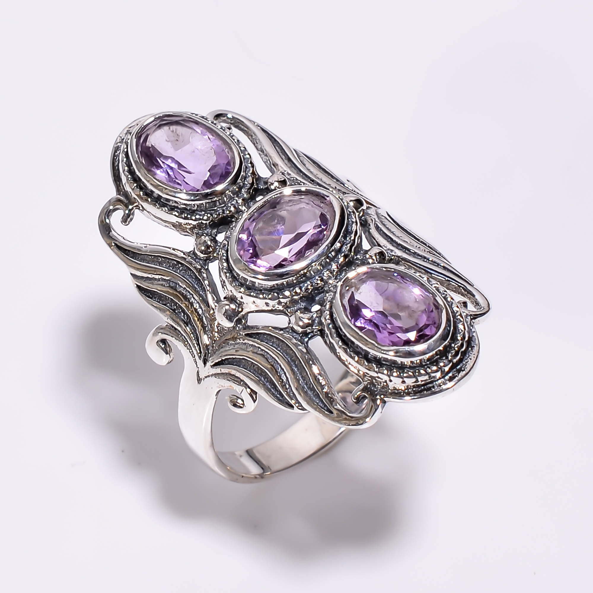 925 Sterling Silver Three Cut Stone Statement Ring