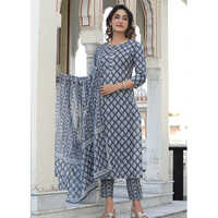 Grey Batik Print Three Piece Set - Cotton Silk Fabric, Customized Size, Elegant Blue Color - Full Sleeves, Washable, Versatile Styling Options