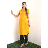 Mustard Ronak Kurti - Cotton Blend, 40 Inch Length, Yellow Color | Short Sleeves, Washable, Printed Pattern, Ethnic Style For All Occasions