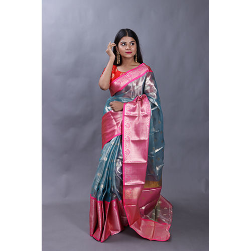 Multicolor Pink Blue Organza Saree