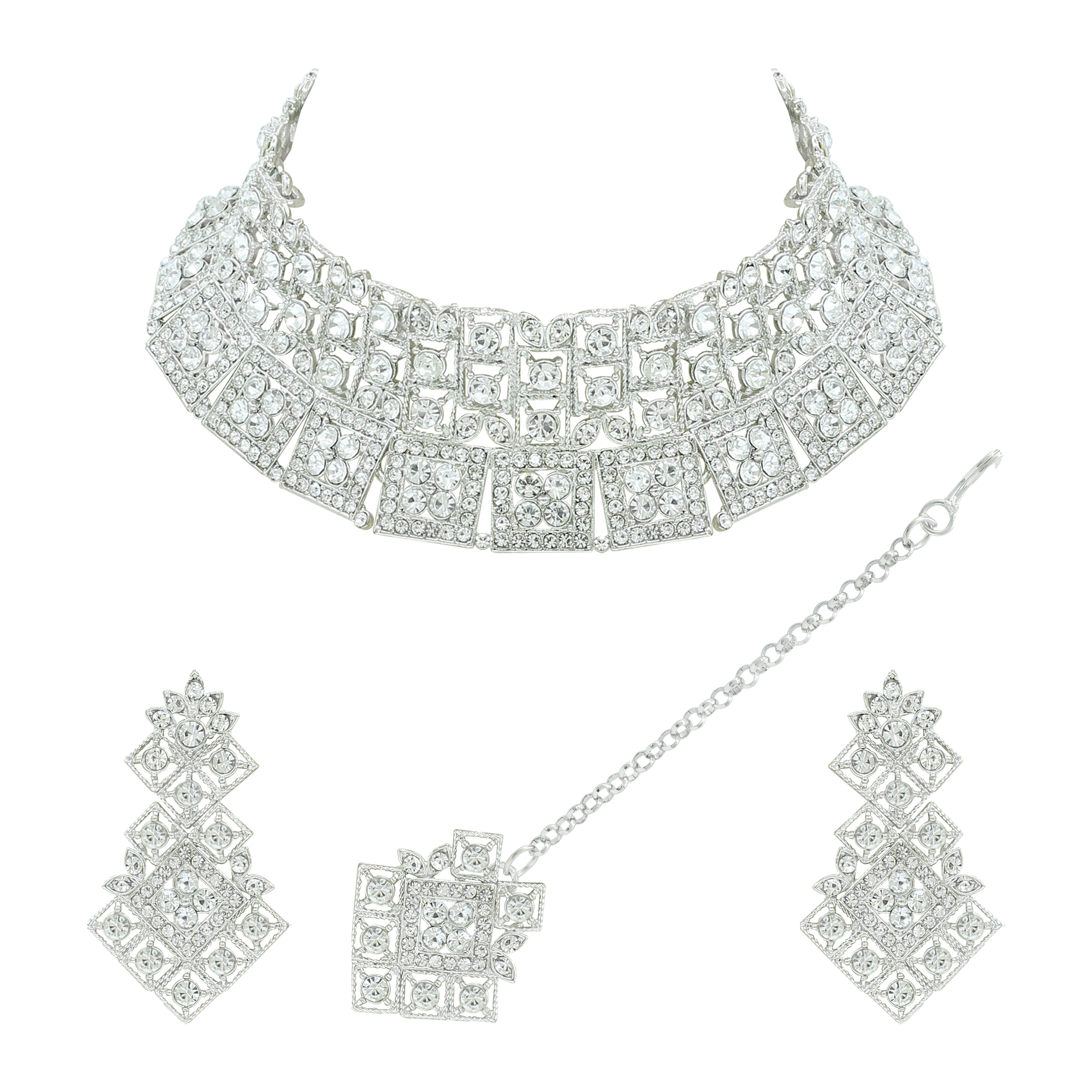 Traditional Charm Square Choker Austrian Diamond Necklace Set