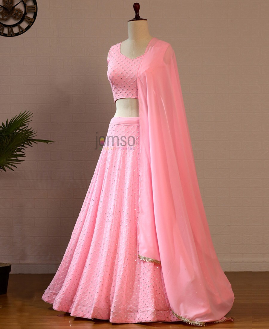 Baby Pink Colored Georgette Party Wear Lehenga Choli