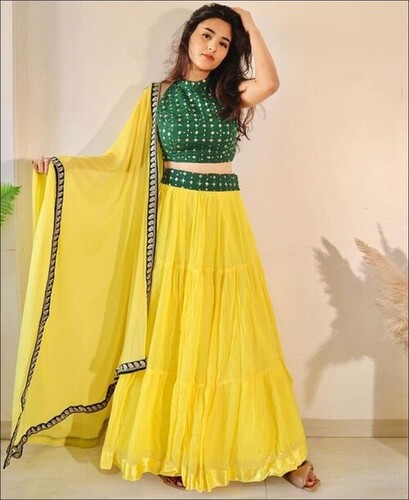 Yellow Colored Georgette Frill Lehenga Choli