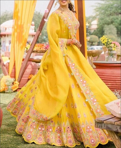 Yellow Georgette Mirror Embroidery Work Lehenga Choli