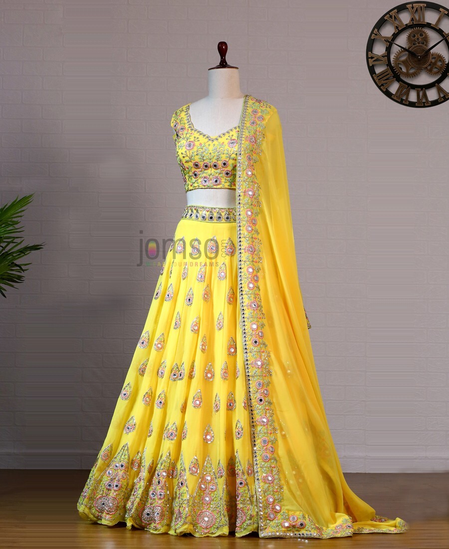 Yellow Georgette Mirror Embroidery Work Lehenga Choli