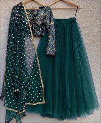 Green Colored Mono Net Lehenga Choli - Decoration Material: Sequins