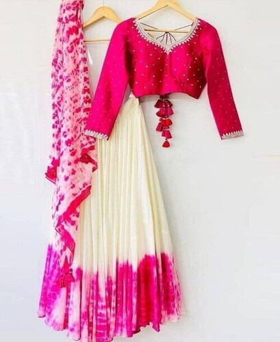 White and Pink Colored Viscose Georgette Lehenga Choli
