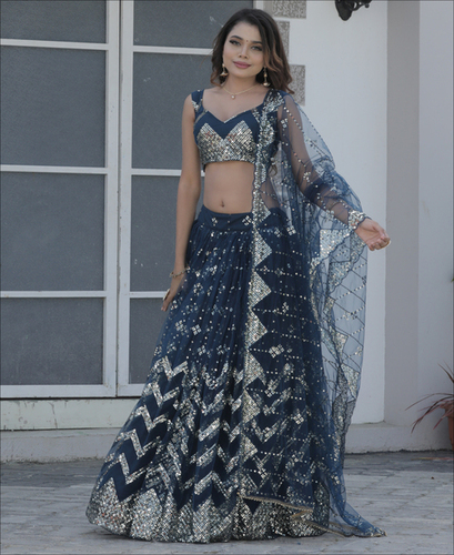 Deep Sea Blue Color Soft Net Sequence Work Lehenga choli