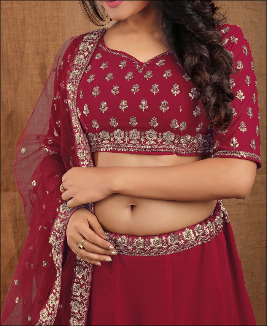 Bridal Red blumming faux georgette jari embroidered lehenga