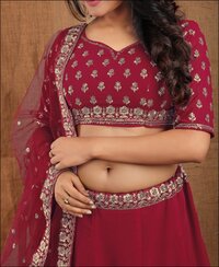 Bridal Red blumming faux georgette jari embroidered lehenga