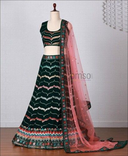 Green Colored Georgette Party Wear Lehenga Choli