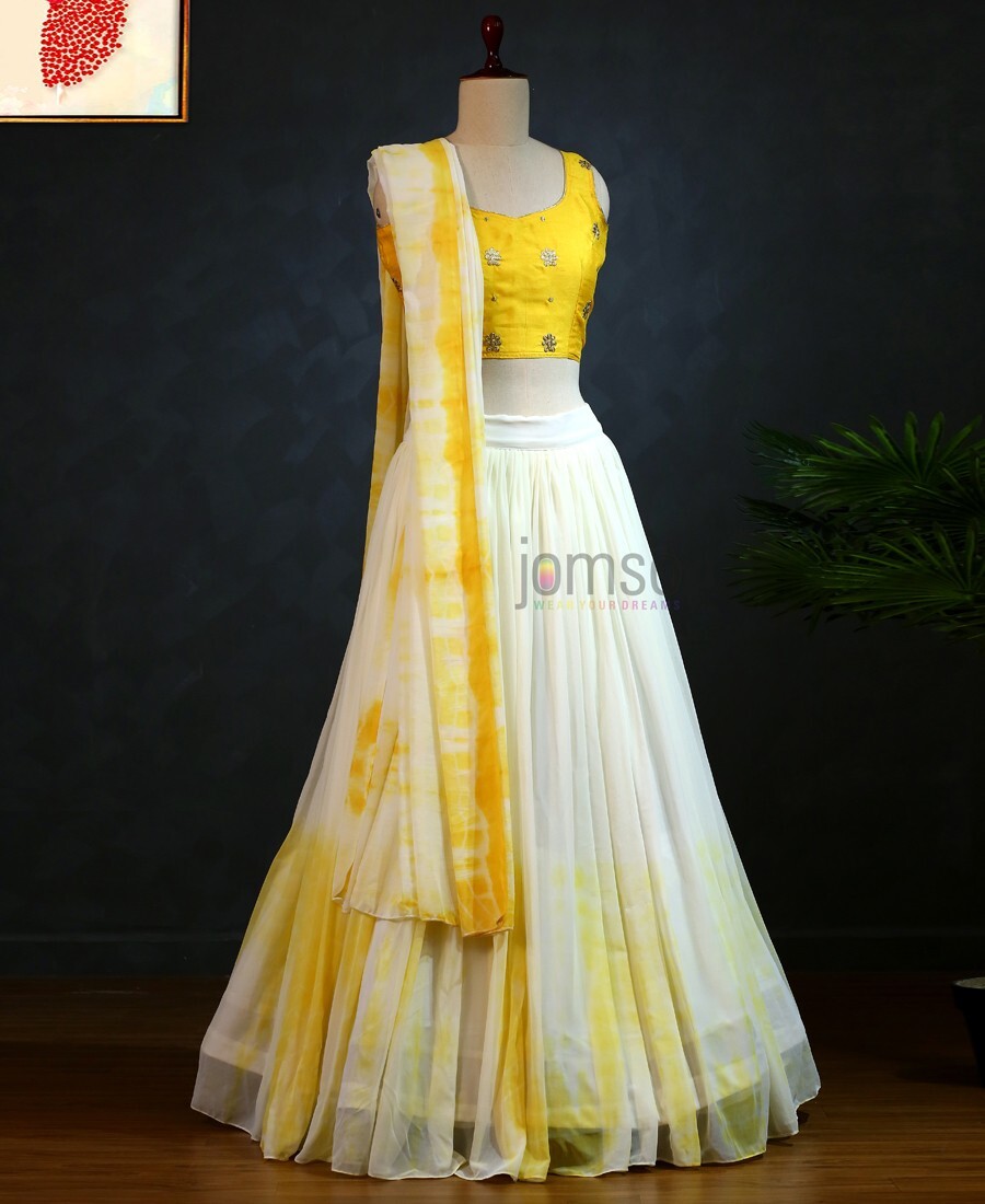 White and Yellow Colored Viscose Georgette Lehenga Choli