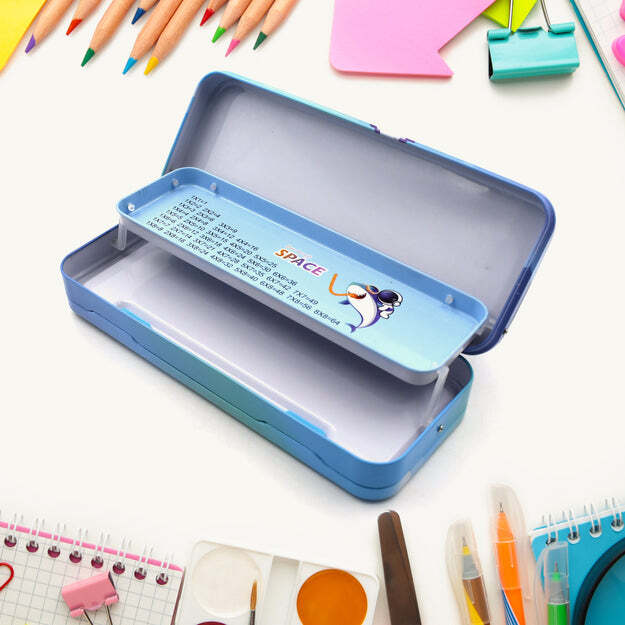 METAL PENCIL BOX PENCIL CASE DOUBLE COMPARTMENT FOR KIDS STATIONERY COMPASS BOX