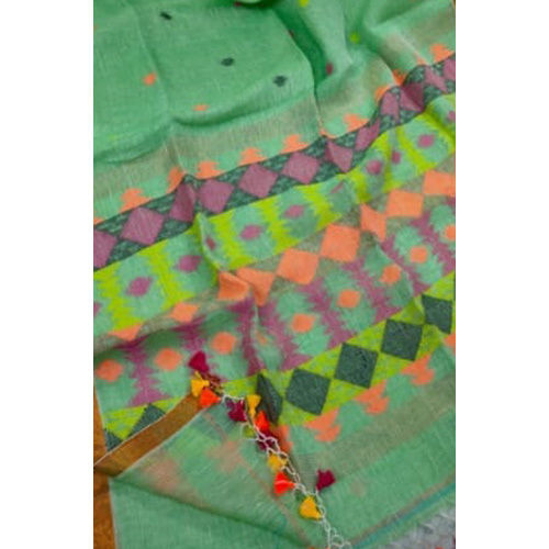 Multicolor Pure Linen Fabric Hand Weaving Jamdani Saree With Blouse