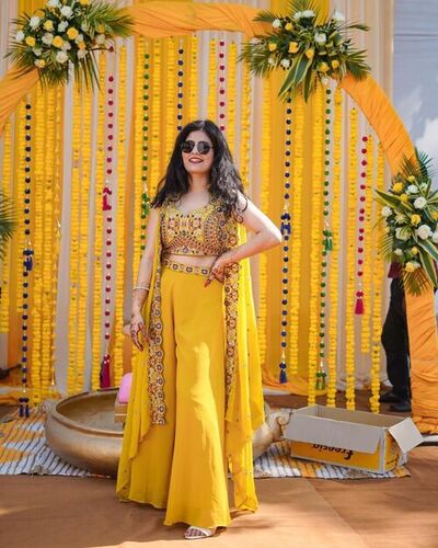 Party Wear Shrug Lahenga - Georgette & Banglori Silk, Size Up to 44, Yellow | Elegant Design, Embroidered Work, Trendy & Comfortable for Special Events