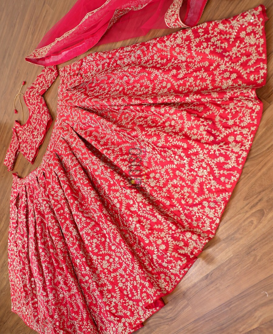 Rani Pink Colored Barfi Silk Embroidered Work Lehenga