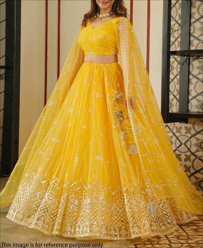 Yellow Coloured Sequence Work Butterfly Net Lehenga Choli