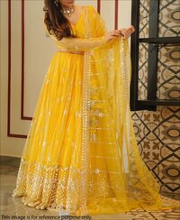 Yellow Coloured Sequence Work Butterfly Net Lehenga Choli