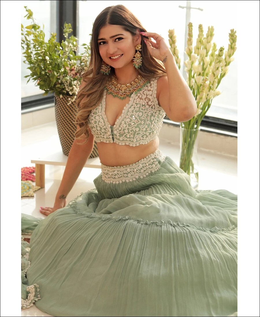 Sea Green Party Wear Georgette Crush Work Lehenga Choli