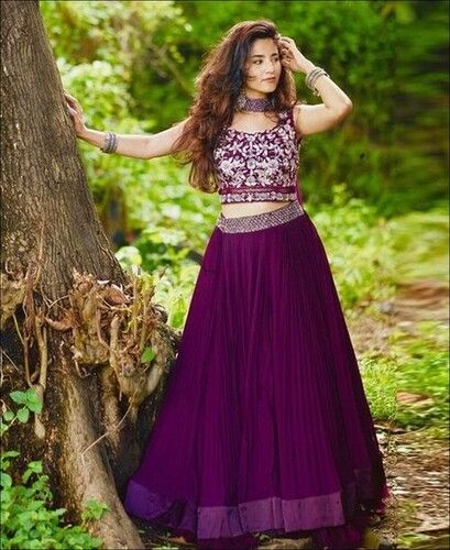 Purple Colored Georgette Crush Work Lehenga Choli