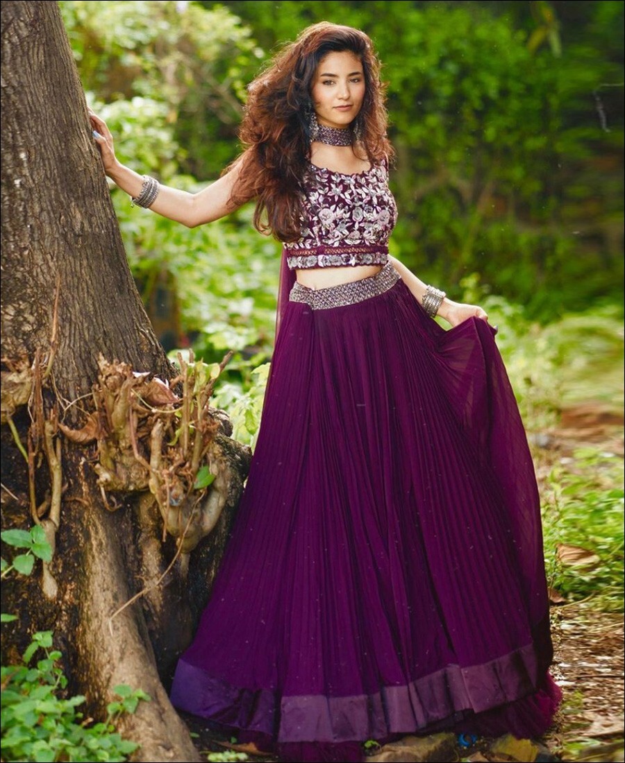 Purple Colored Georgette Crush Work Lehenga Choli