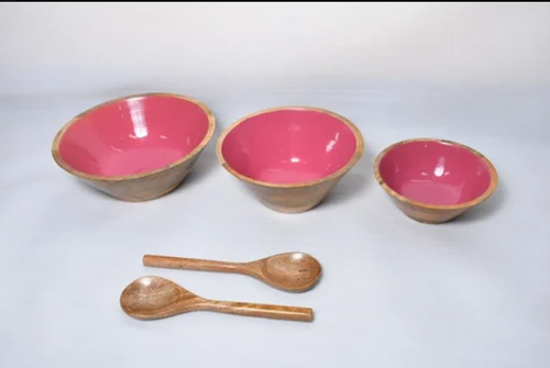 WOODEN SERVING BOWL PINK PRINT