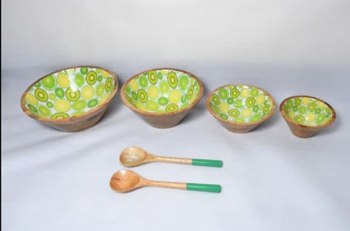 WOODEN SERVING BOWL  GREEN PRINT