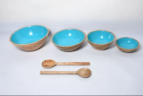 WOODEN SERVING BOWL LIGHT BLUE PRINT